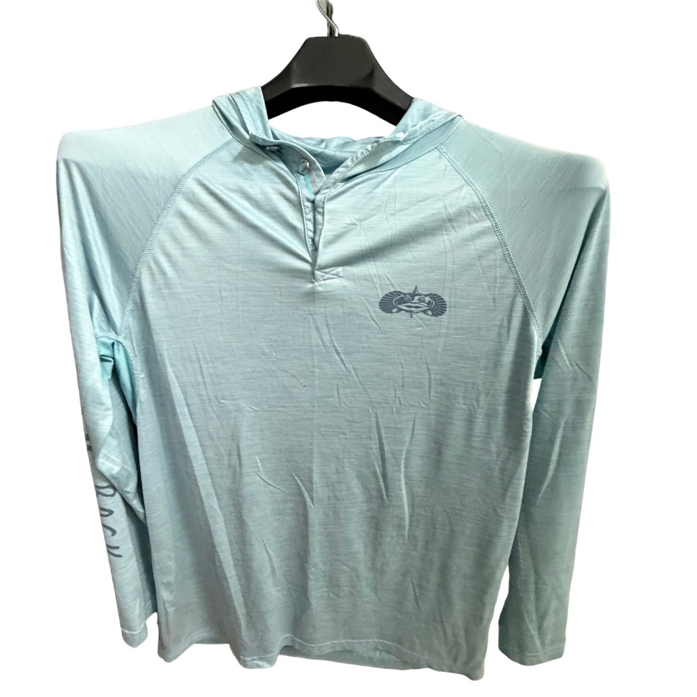 TOADFISH Sun Protection Fishing Hoodie Small Light Blue 1/4 Button Mesh Mens